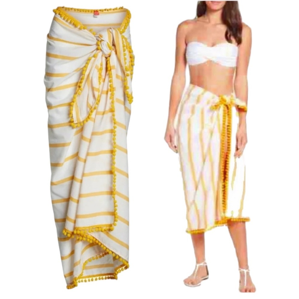 $99 Red Carter Swim Sarong Yellow Pompom CoverUp Striped Wrap Versatile OSFA NWT